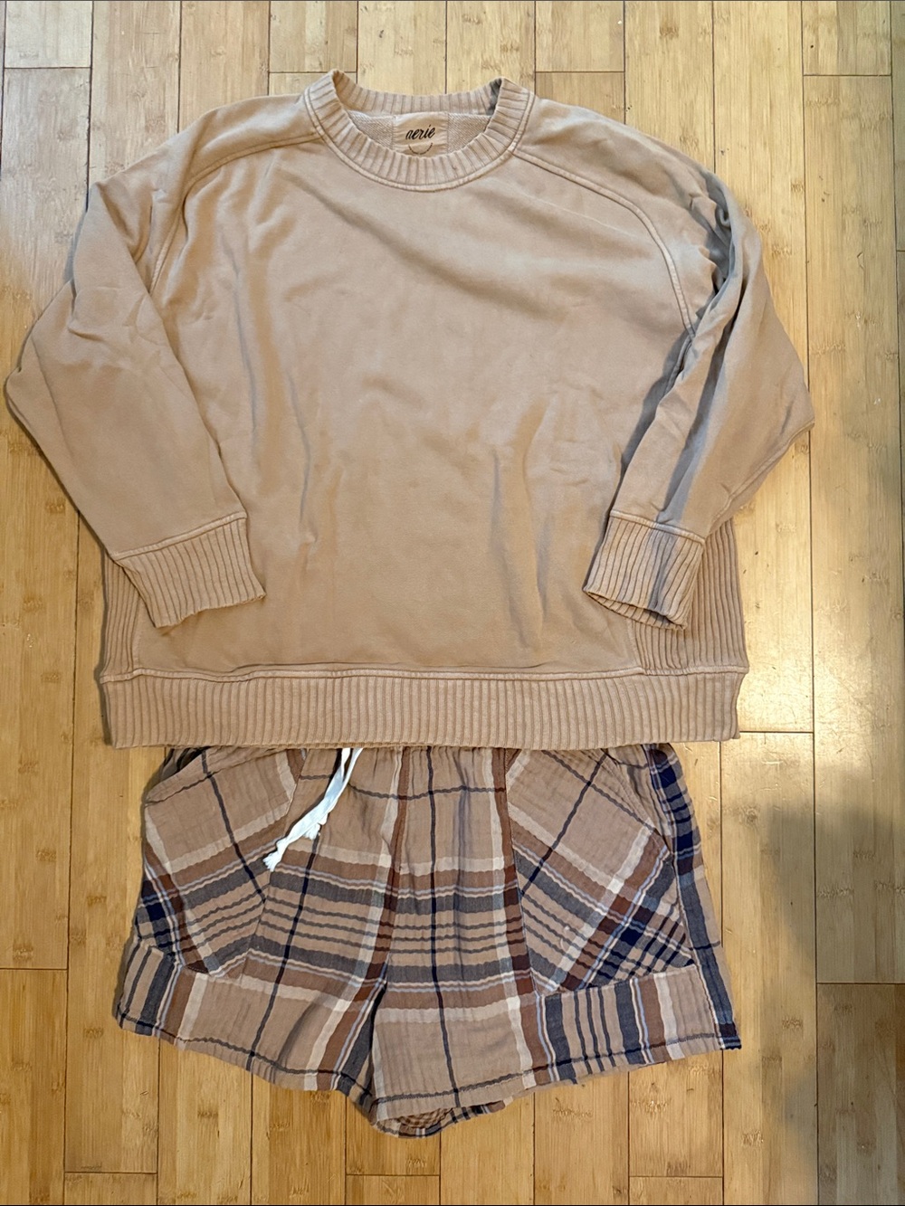 Aerie XL Pajama Shorts and L Crewneck Sweatshirt in Beige